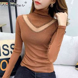 Spring Shirt Women Mesh Transparent Turtleneck Beading Diamonds Long Sleeve Tops Tee Slim Stretchy T02712B 210421