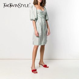 TWOTWINSTYLE Striped Elegant Dress For Women V Neck Short Sleeve High Waist Dresses Female Fashion Clothing 210517