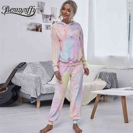 Autumn Winter Tie Dye Two Piece Set Women Tracksuit Pocket Front Long Sleeve Hoodie and Sweatpants Pants Home Casual 210510