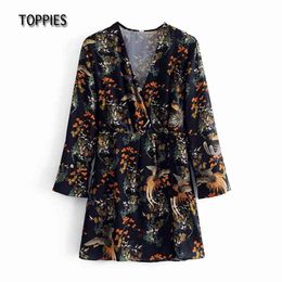 Sping Long Sleeve Mini Dress Women Flowers Birds Printing Female V-neck Blouses Folk Style Vacation Clothes 210421