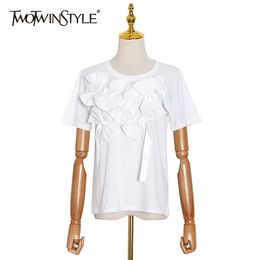TWOWINSYLE Bowknot White Shirt For Women O Neck Short Sleeve Patchwork Minimalist Casual Shirts Female Summer Fashion 210524