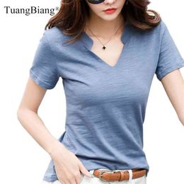 Short Sleeve Bamboo Cotton Women V-Neck T-Shirts Loose Casual Solid Colour Brand T Shirt Ladies Summer Spring All-Match Tops 210720