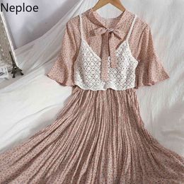 Neploe Sweet Korean Suit Women Stand Collar Floral Pleated Dress Knit Hollow Out Sling Temperament Two-piece Set Dresses Outfits 210422