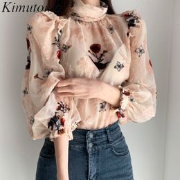 Kimutomo Chic Sweet Patchwork Bluse Women Turtleneck Pilgus Patchwork Floral Langarm Shirt Ladies Frühling Herbst 210521