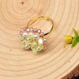 Natural Freshwater Pearl Ring Adjustable For Women Green Crystal Opening Ring Elagant Bridal Fashion Jewellery