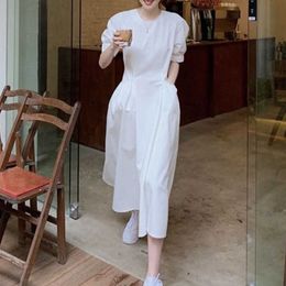 Woman Chic Dresses Summer Korean Style Solid Color Sweet Round Neck Pocket Loose Puff Sleeve Big Swing Dress Female Vestidos 210527