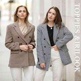 vintage Houndstooth Woollen Jacket double breasted long coat women outwear winter clothes 210421