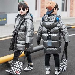 Boys Parker Winter Cotton Down Jacket Big Children's Glasses Coat Mid-Length Handsome Kids Bright Leather Clothing 211203