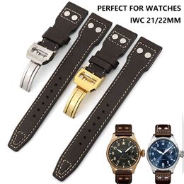 21mm 22mm High Quality Leather Strap Dark Brown Plain with Nail Folding Buckle band Special for IWC Watch Accessories