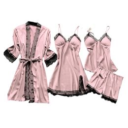 Women's 4 Pieces Polyester Pajama Set Sexy Top Nightgown Lace Sleepwear Robe Nightdrwith Chest Pads X0526