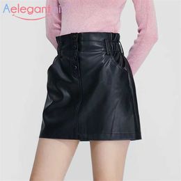 Aelegantmis Button Up Elegant High Waist Pu Mini Skirt Women Streetwear Harajuku Female Faux Leather Soft Quality Chic 210607