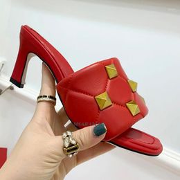 High Heel Leather Slippers Designer Fashion Summer Shoes Women's Gold Metal Decor Sandals Ladies Formal Mules