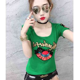 summer Casual T-shirt Sequin embroidery Short sleeve O collar Top Women T Shirt Plus Size 210507