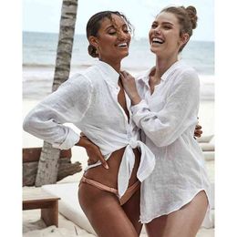 Sexy Shirt Beach Up White Dress Loose Blouse Tunic Pocket Long Sleeve Swimsuit Cover Casual wear 210714