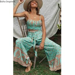 Inspired Women two piece outfits sage floral cotton 2 piece set women elastic waist holiday two piece set top and pants new 210412