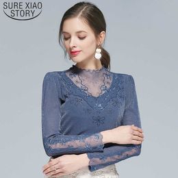 Spring Autumn Long Sleeve Semi-high-collar Lace Base Shirt Women Black Solid Regular Women Blouses Tops Plus Size 6636 50 210527