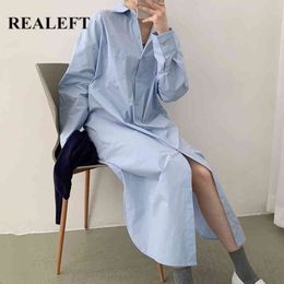 Elegant Women's Shirts Dress Spring Summer Long Sleeve Single Breasted Straight Chic Female Loose Pocket 210428