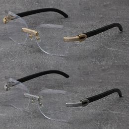 Rimless Luxury Micro-paved Diamond set Frames Original Black Buffalo Horn Eyewear Male and Female 18K Gold Frame Glasses Unisex Man Designer Plank Arms Eyeglasses