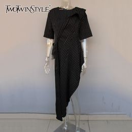 TWOTWINSTYLE Casual Striped Shirt For Women O Neck Short Sleeve Irregular Hem Long Blouse Female Fashion Clothing Summer 210517