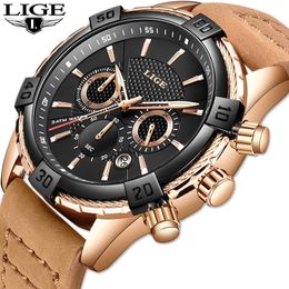 LIGE Men Watches Top Brand Luxury Business Quartz Gold Watch Men Leather Waterproof Military WristWatch Relogio Masculino 210527