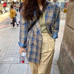 Colorfaith New Autumn Winter Women's Blazers Oversize Plaid Buttons Pockets Jackets Notched Vintage Chequered Tops JK6100 210413