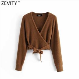 Zevity Women Fashion Cross V Neck Solid Colour Short Knitting Sweater Female Chic Long Sleeve Hem Bow Tied Slim Tops S621 210603