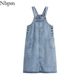 Nbpm Women Chic Fashion With Denim Strap Dress All-Match Loose Washed Spring Summer Vintage Sundresses Cute Pockets 210331