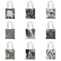 Storage Bags Black Leaves Print Reusable Shopping Bag Women Canvas Tote Printing Eco Cartoon Shopper Shoulder