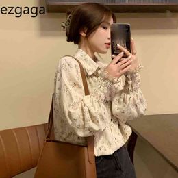 Ezgaga Floral Blouse Women Flare Sleeve Korean Fashion Vintage Tender Turn-Down Collar Loose Chic Elegant Shirts Female Blusas 210430