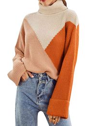 Knit High Neck Patchwork Color Women Pullover Long Sleeve Loose Female Sweaters Autumn Fashion Street Ladies Sweaters 210518