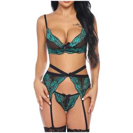Embroidery Bras Set Women Flower Lace Perspective Push Up Bra Garter Thong Lingerie Set Women Underwear Completino Intimo Sexy Y0911