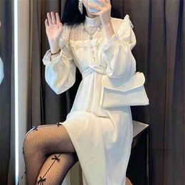 French Lace Vintage Dres Fashion Puffer Sleeve Elegant Dress Korean Spring High Street Slim Midi Y2k 210915