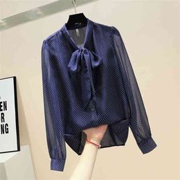 Women's Spring Autumn Blouses Korean Style Bow-knot Polka-dot Chiffon Shirt Slimming Long-sleeved Female Tops GX335 210507