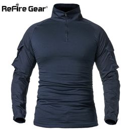 ReFire Gear Army Combat T shirt Men Long Sleeve Tactical T-Shirt Solid Cotton Military Shirt Man Navy Blue Hunt Airsoft T Shirts 210722