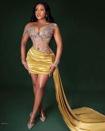 Plus Size Arabic Aso Ebi Gold Satin Prom Dresses with long sleeve Beaded Crystals short Evening Party Second Reception Birthday Engagement Gowns Dress