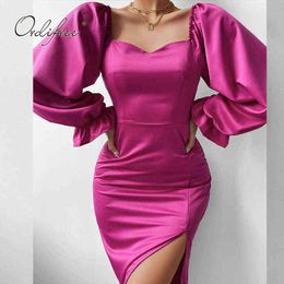 Ordifree 2022 Outono Mulheres Cetim Mini Vestido Longo Manga Lateral Slit Clube Desgaste Sexy Bodycon Party Dress Y1212