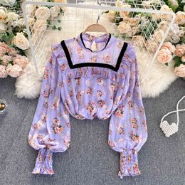 SINGREINY Women Vintage Print Blouse Autumn French Sweet Puff Sleeve O Neck Loose Tops Korean Chic Fashion Streetwear Blouses 210419