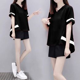 Summer New Fashion Plus Size Women Shorts Short-sleeved T-shirt Two Piece Set Korean Loose Casual Sports Suit Women's Tracksuit X0428