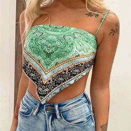 Casual Woman Green Slim Print Spaghetti Strap Cropped Top Summer Sexy Ladies Backless Beach Camisole Female Chic Tanks 210515
