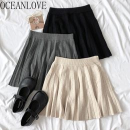 Knitted Mini Woman Solid Spring Autumn Pleated Skirts Japan Style Elastic High Waist Mujer Faldas 19658 210415