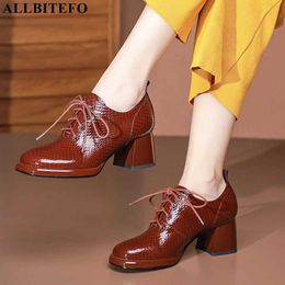 ALLBITEFO Serpentine fashion genuine leather women heels shoes cross tied Waterproof platform women pumps high heels basic shoes 210611