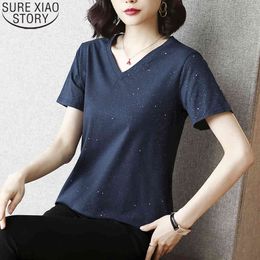 Plus Size Loose T Shirt for Women V-neck Bright Yarn Short Sleeve Clothes Summer Tops M-4XL Long Shirts T-shirt 10136 210417
