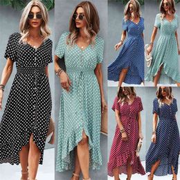 Irregular Fashion Holiday Ruffle Stitching Maxi Dress For Women Polka Dot Mid-Length Large Swing High Waist Button Dresses 210517