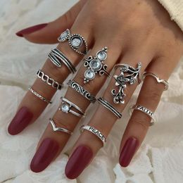 Cluster Rings Bohemian Hollow Water Drop Pattern Vintage Ring Set Crystal Flower Leaf Hand For Women Gift