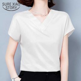Blusas Summer Plus Size Blouses Shirts Casual Women Solid Temperament Short Sleeve V-neck Soft Silk Satin Tops Blouse 9853 210527