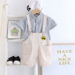 Toddler Children Clothes Baby Boys Cotton Suit Set 2021 Summer Kids Plaid Shirt + Overall 2pcs/Set Fashion Beige Jumper Outwear X0802