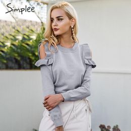 Elegant cold shoulder knitted women jumper Casual long sleeve sweater female Autumn winter ladies pullover 210414