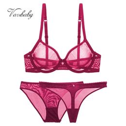 Varsbaby Sexy Mesh Lace Underwear Transparent Unlined 1 Bra+2 Panties Bra Set Plus Size 32-42CDE plus size 211104