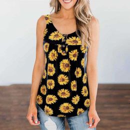 Floral Print Sleeveless Button Decoration O Neck T Shirt Women Casual Loose Streetwear Beach Tops Elegant Ladies Blouse 210604