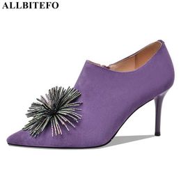 ALLBITEFO flower women heels shoes thin heel sheepskin genuine leather high heel shoes fashion party high heels women 210611
